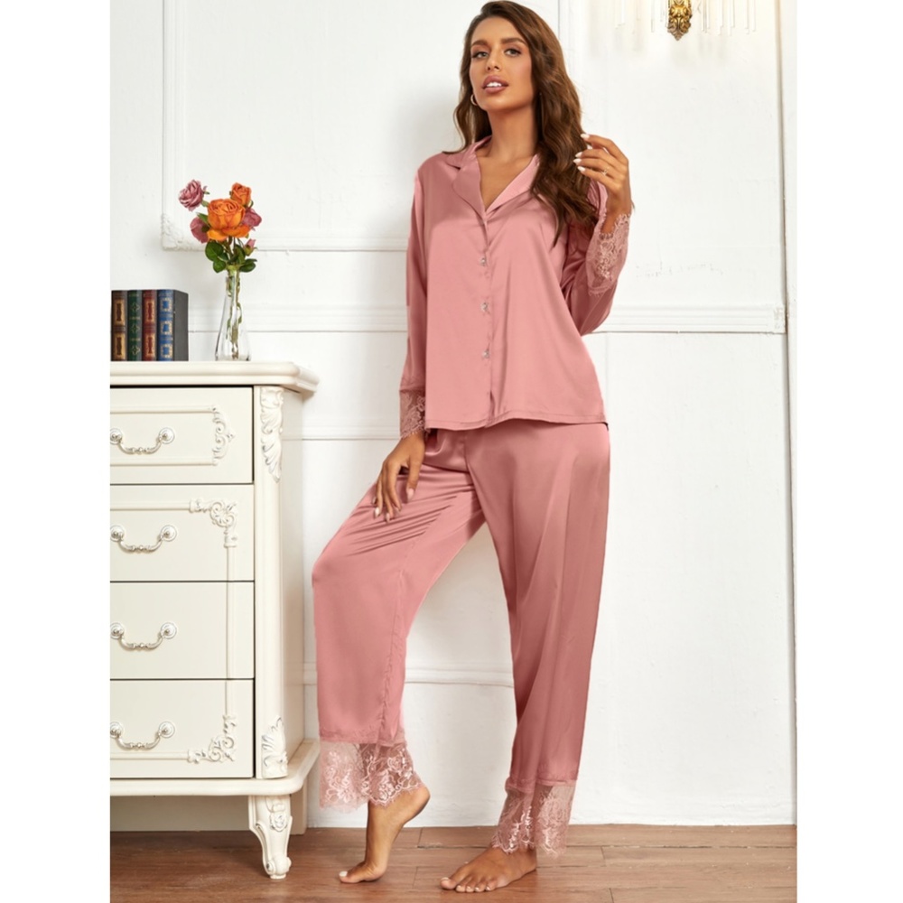 Dusty Pink Satin Pajamas Lace Detail 2 Piece Set Shirt & Pants - Picture 5 of 6